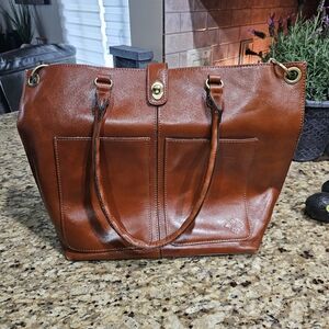 Patricia Nash Chestnut Brown Leather Tote with Brass Accents